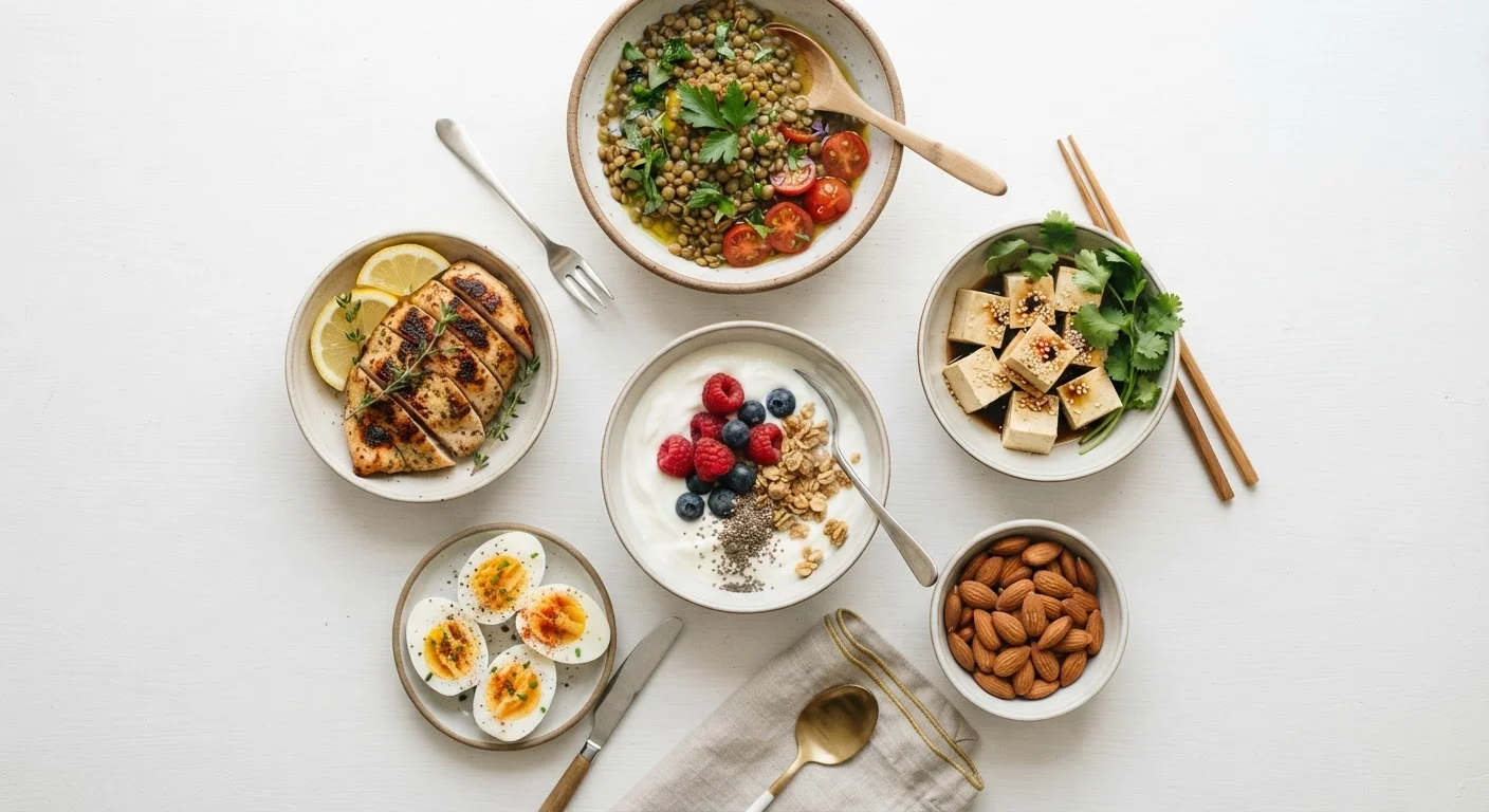 Assortment of animal and plant protein sources including eggs, chicken, tofu, lentils, and nuts displayed on white surface