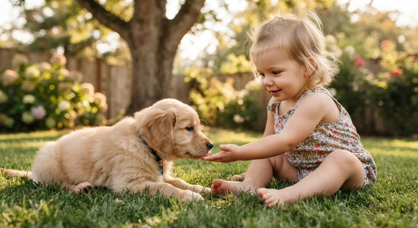 Young golden retriever puppy sniffing a toddler's outstretched hand in a sunny backyard