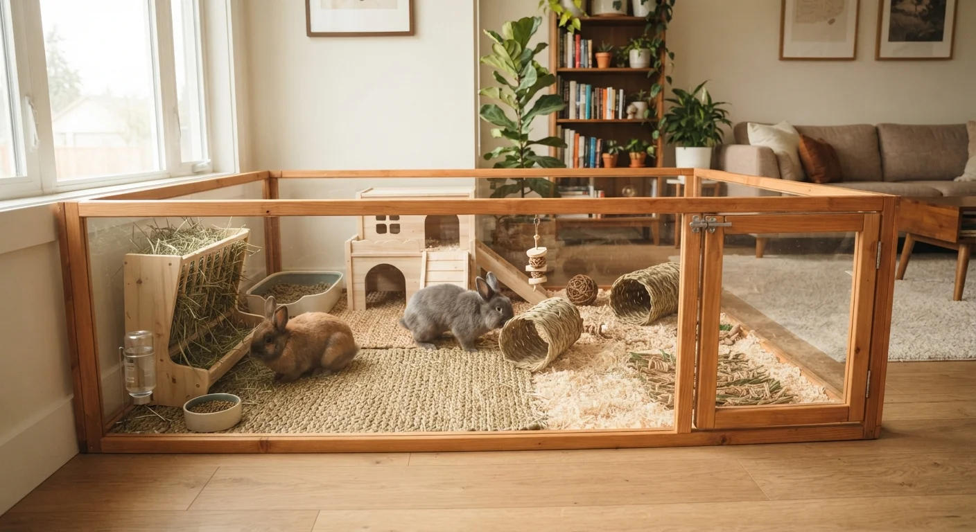 A well-equipped indoor rabbit enclosure with hay, water, and enrichment toys on wooden flooring