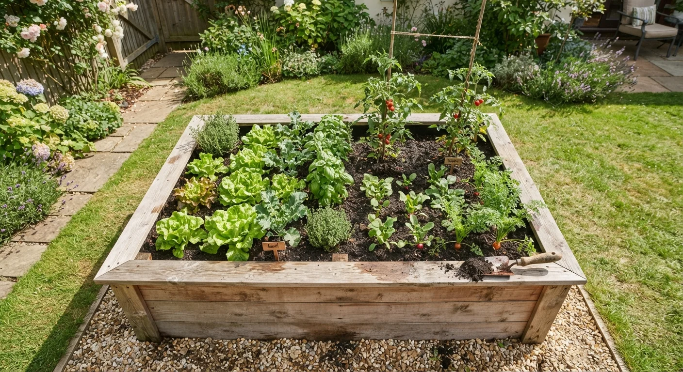 Wooden raised garden bed filled with thriving vegetable plants in a sunny backyard