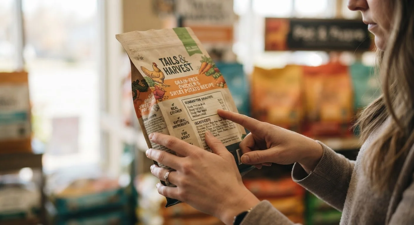 Person reading the ingredient label on a bag of dry dog food in a pet store