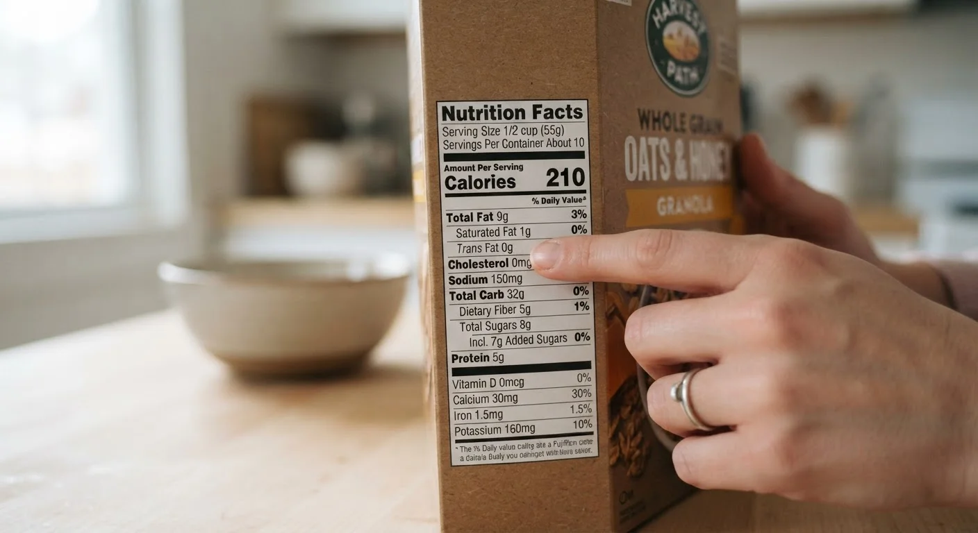 A hand pointing to the nutrition facts label on a food package in natural light
