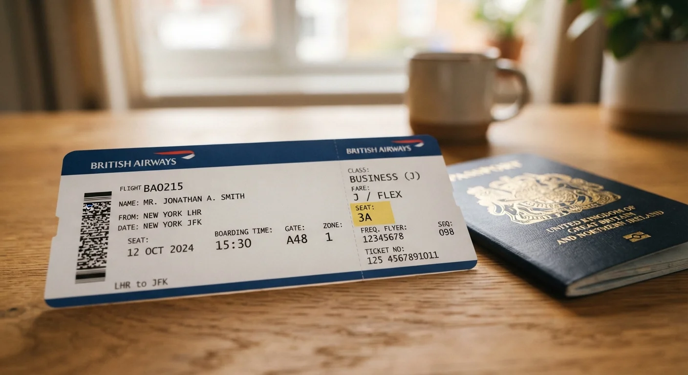 Airline boarding pass showing fare class codes resting on a wooden desk next to a passport