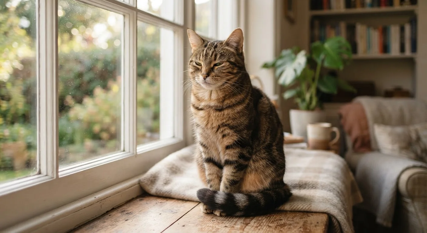 Tabby cat sitting calmly with tail curled around paws and soft relaxed eyes