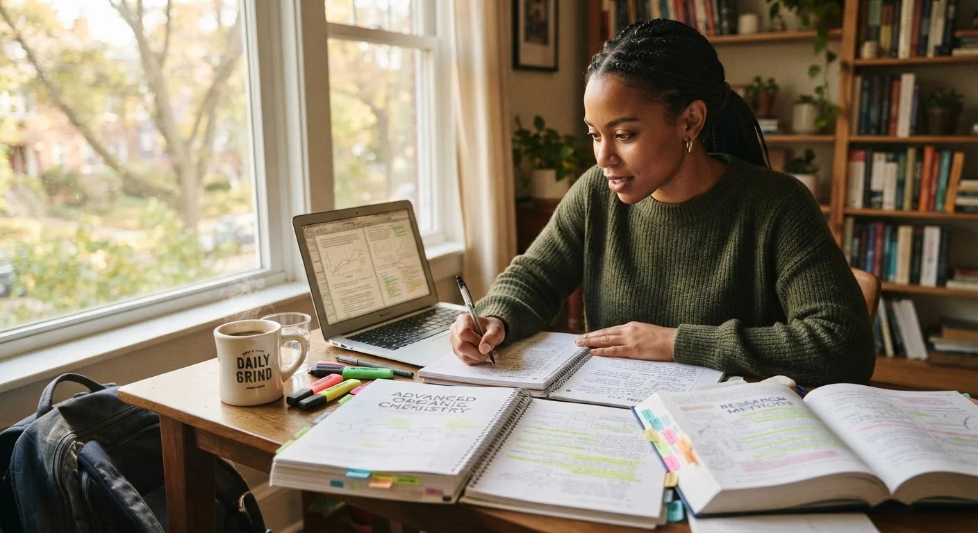 Adult learner studying at a desk with books and laptop in natural light