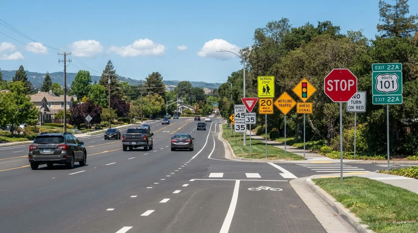 A variety of American road signs along a well-lit roadway including stop, yield, and warning signs