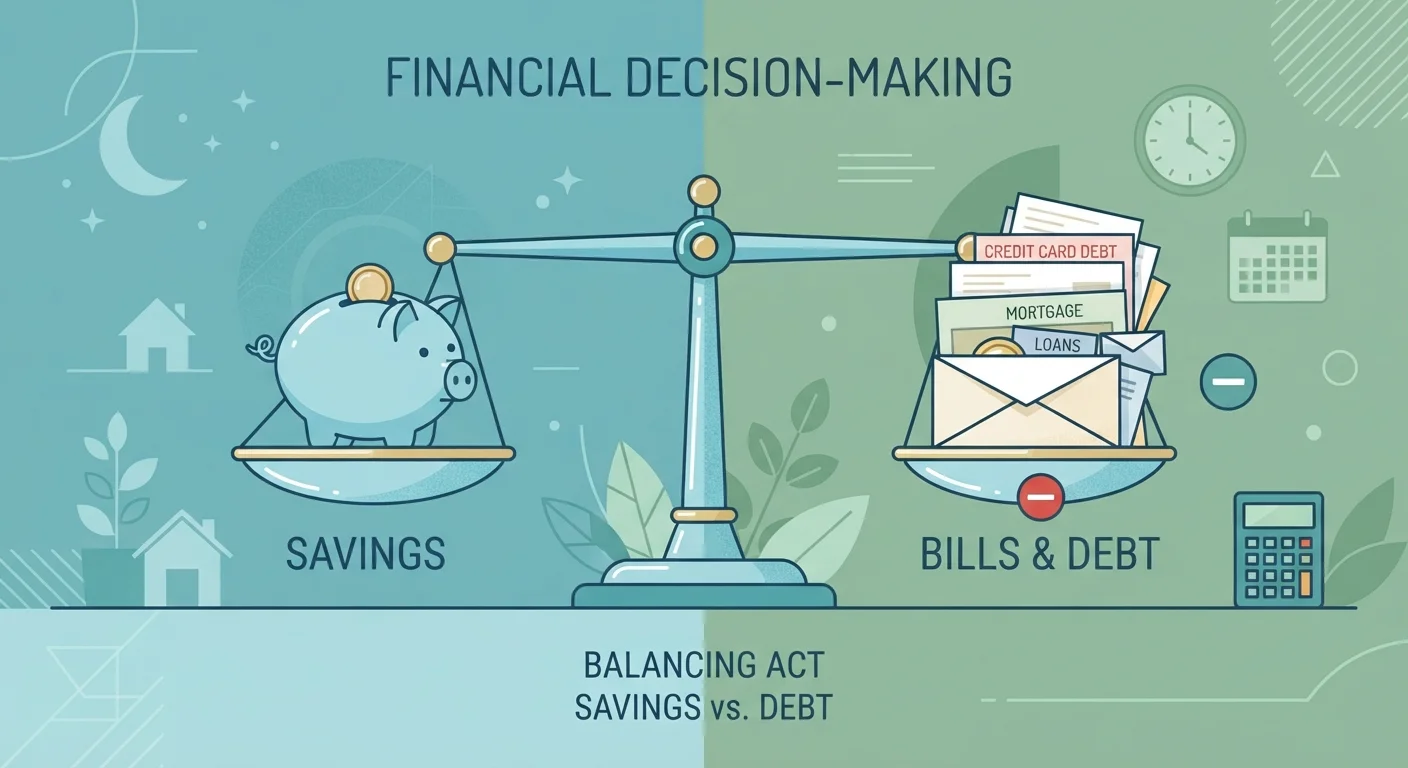 A scale balancing a piggy bank representing savings against a stack of debt bills