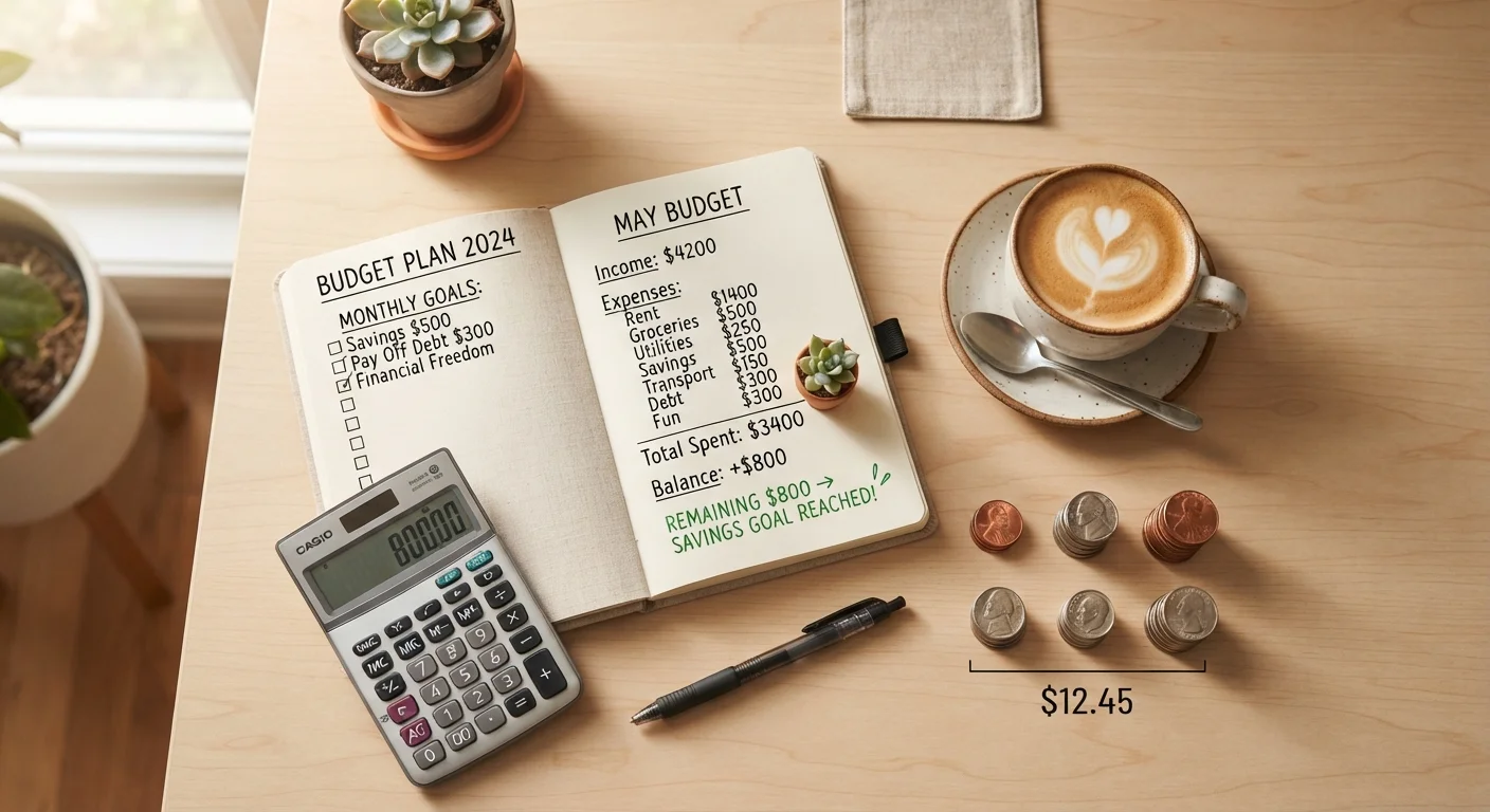 Organized desk with budget notebook, calculator, coins, and coffee cup representing financial planning