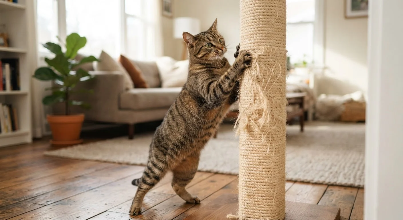 A tabby cat stretching and scratching a sisal post in a sunlit living room