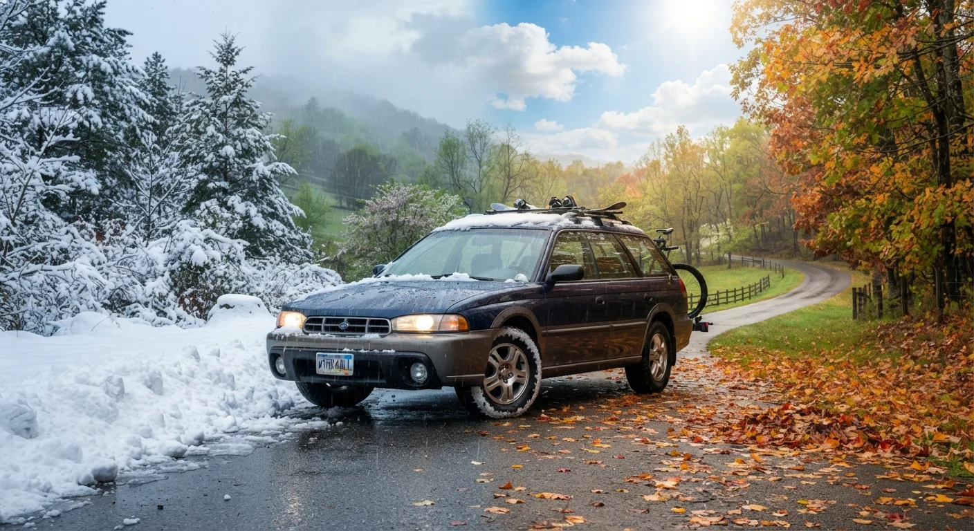 Car parked outdoors showing four seasonal weather conditions surrounding the vehicle.