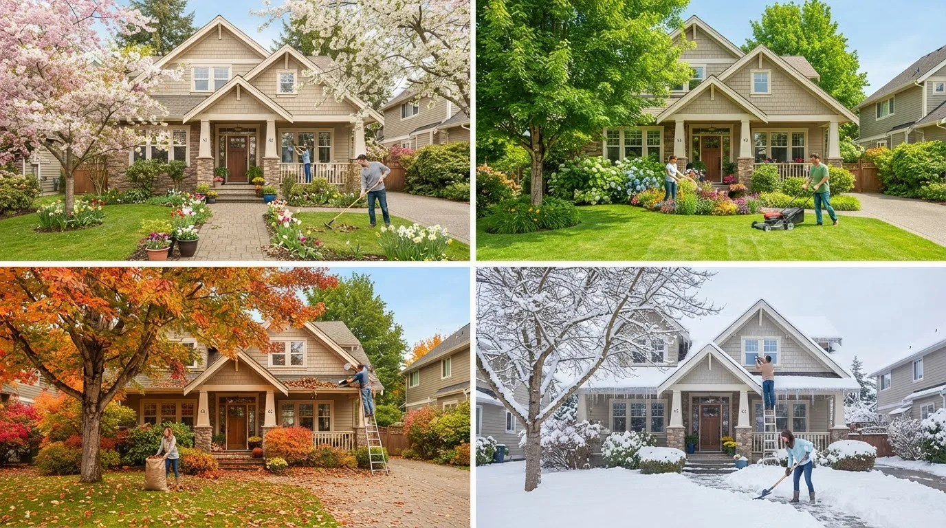 A suburban home shown across four seasons with maintenance tasks being performed in each