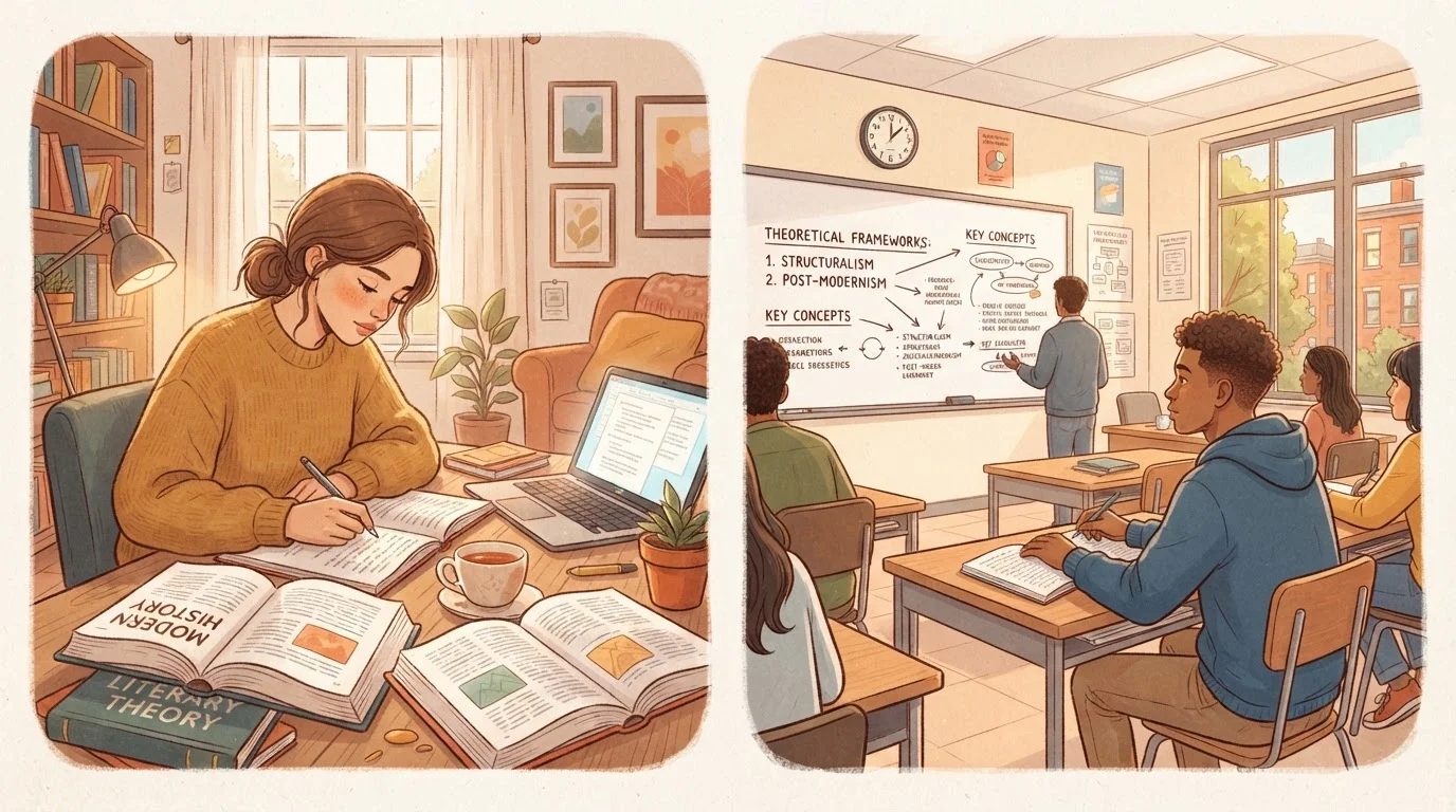 Two learners side by side — one self-directed at home, one in a structured classroom setting.