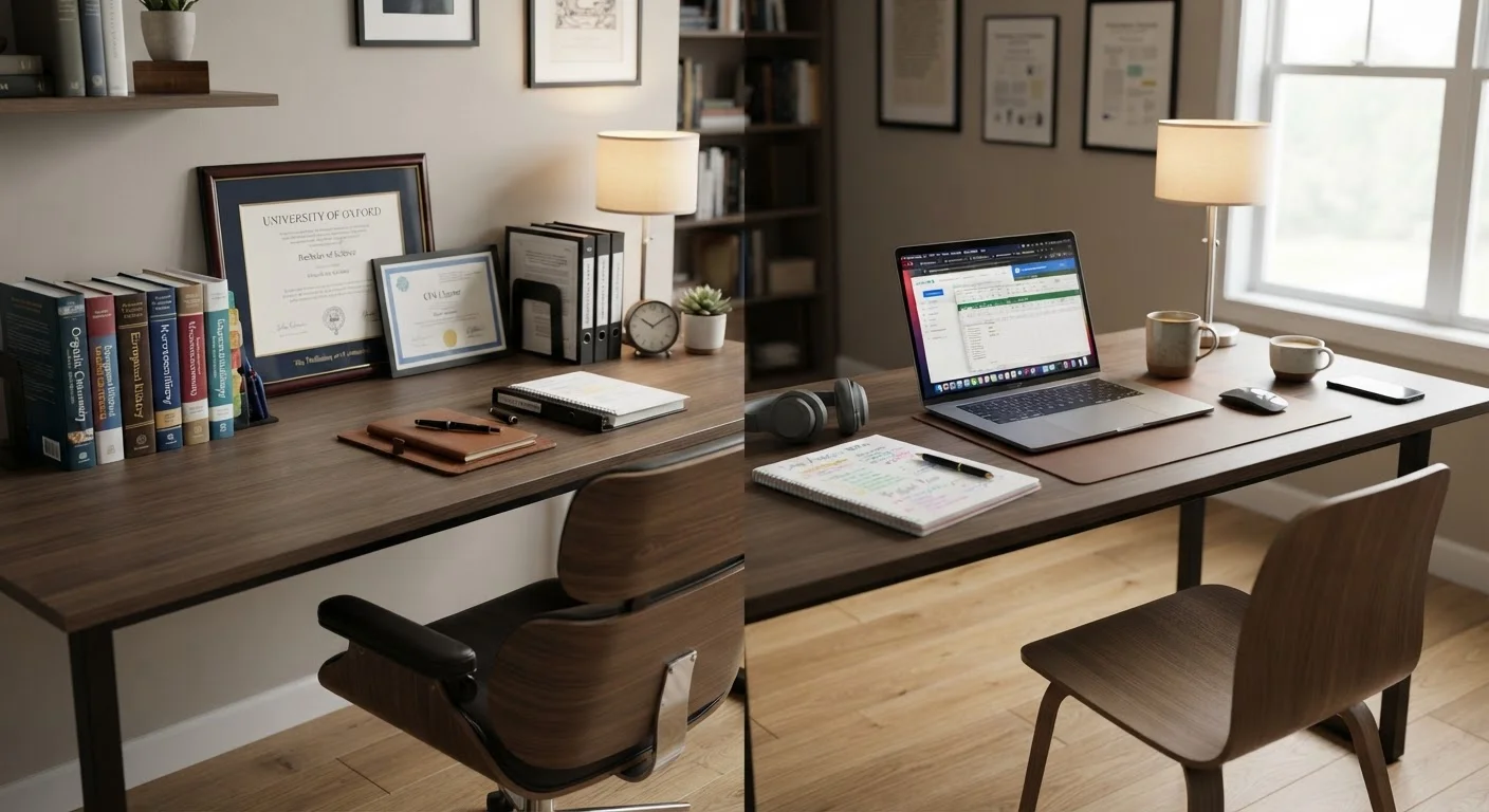 Two workspaces contrasting formal academic study with self-directed digital learning.