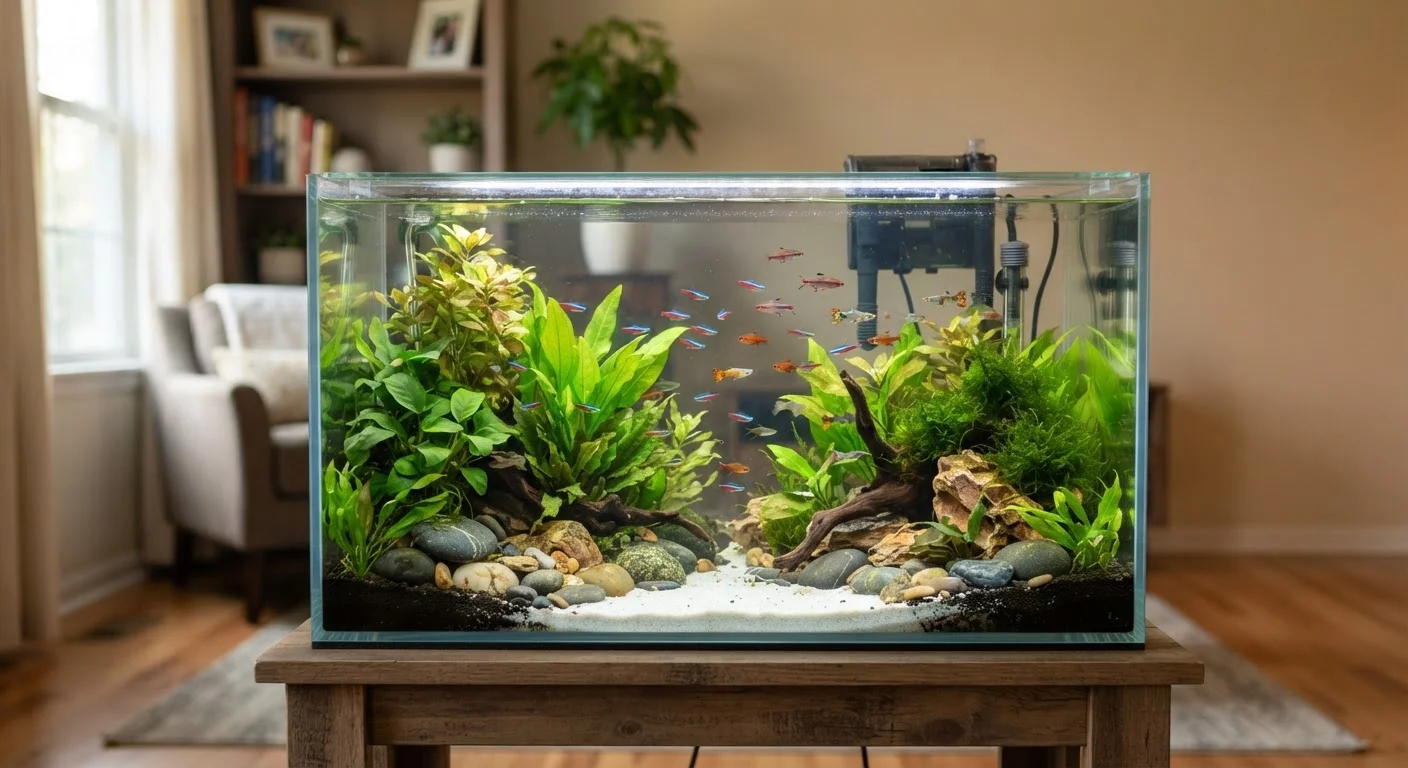 A well-planted freshwater aquarium with colorful fish swimming among green aquatic plants