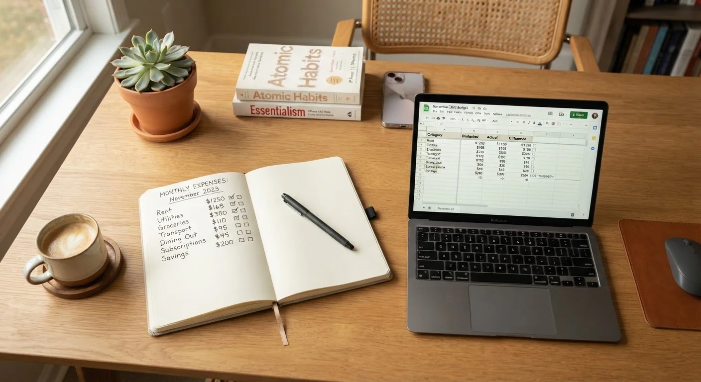 Open notebook with expense categories beside a laptop showing a budget spreadsheet on a desk