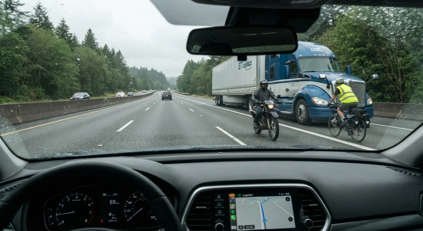 Car driver's perspective on a highway shared with a semi-truck, motorcycle, and cyclist