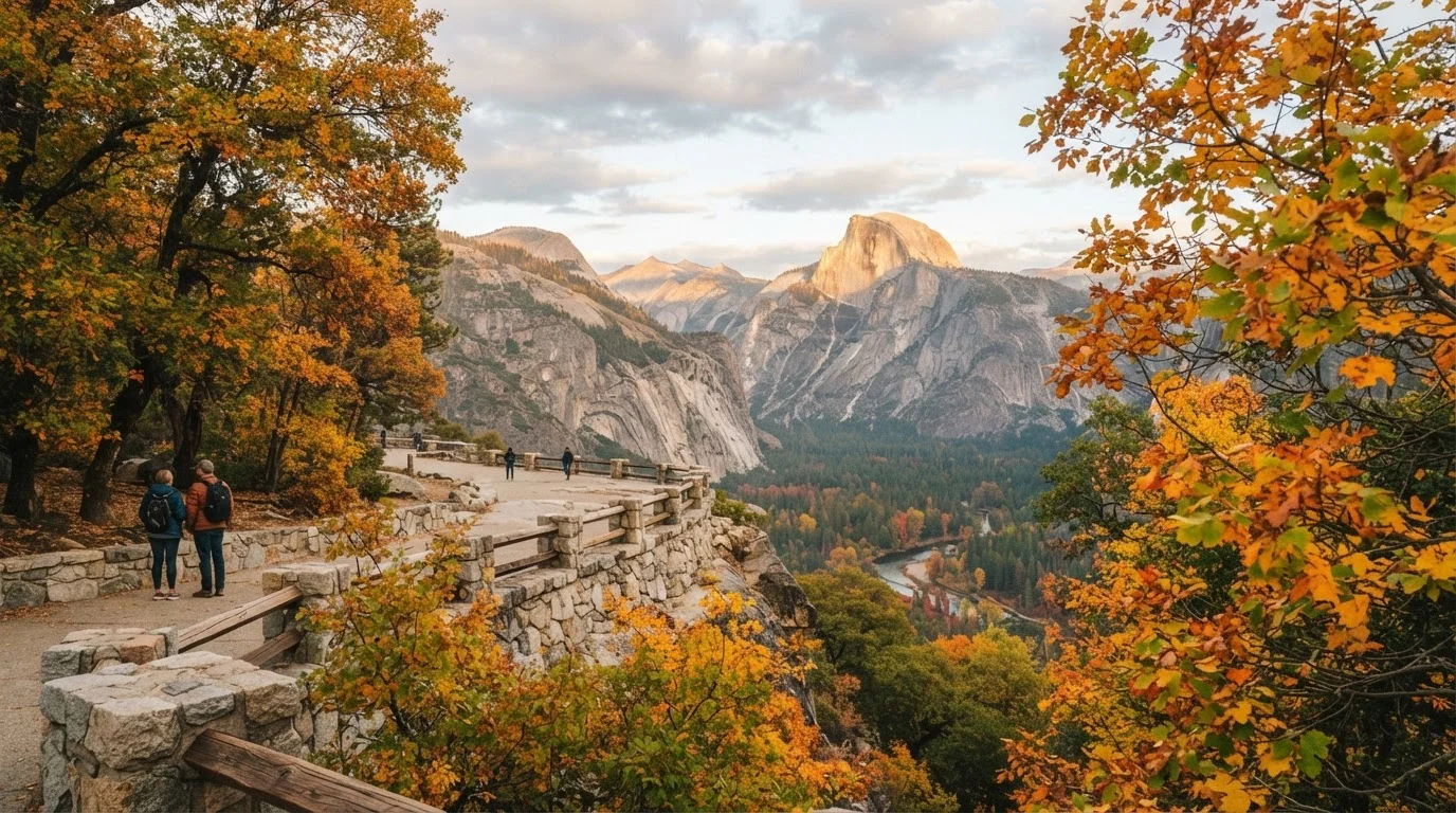 A scenic American national park overlook surrounded by golden autumn foliage with few visitors