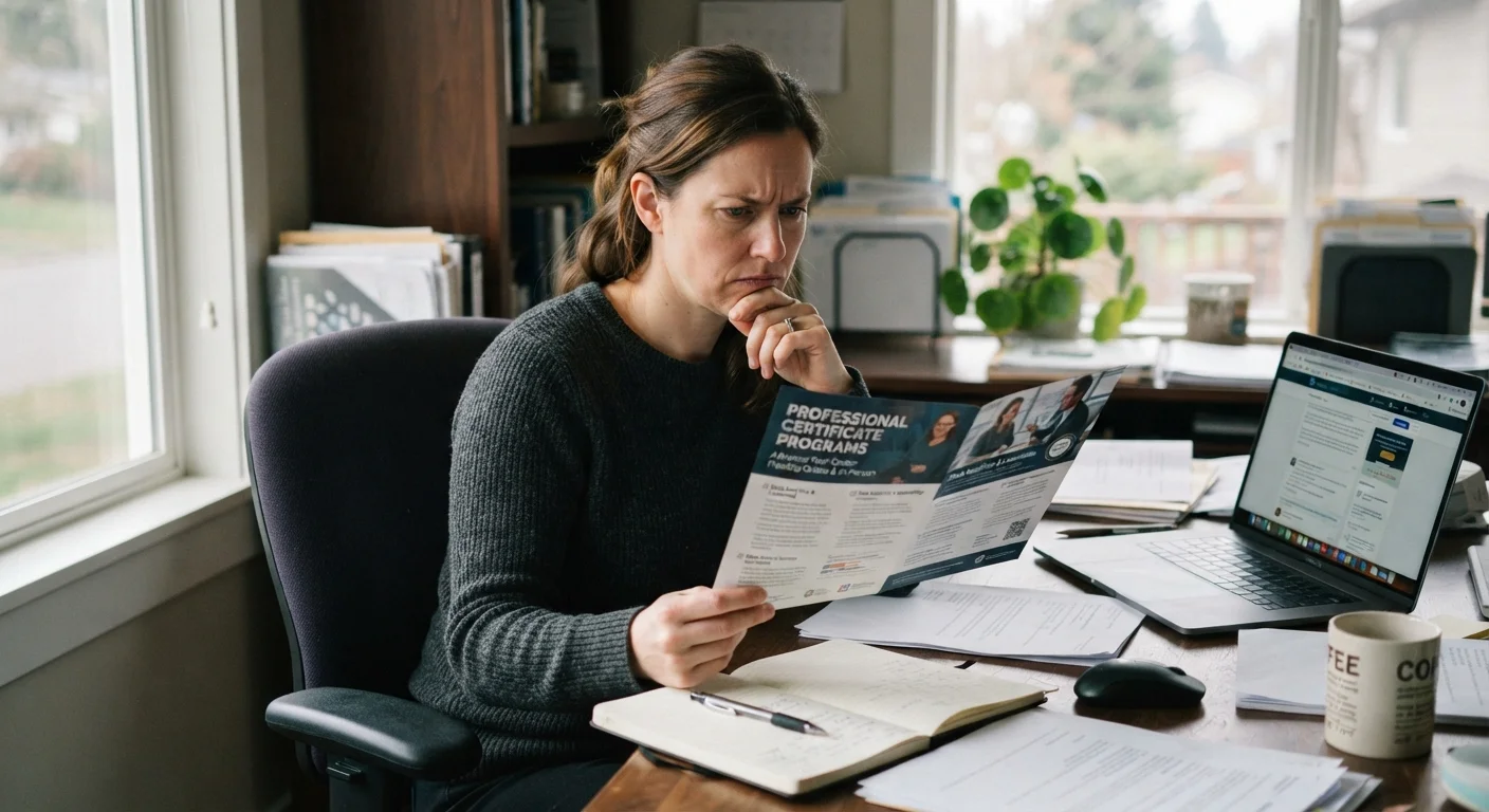Adult reviewing a certification program brochure at a desk with a laptop nearby