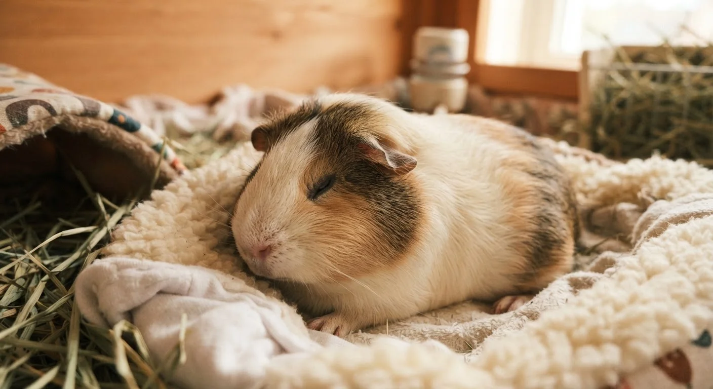 A small guinea pig resting in soft bedding inside a home enclosure