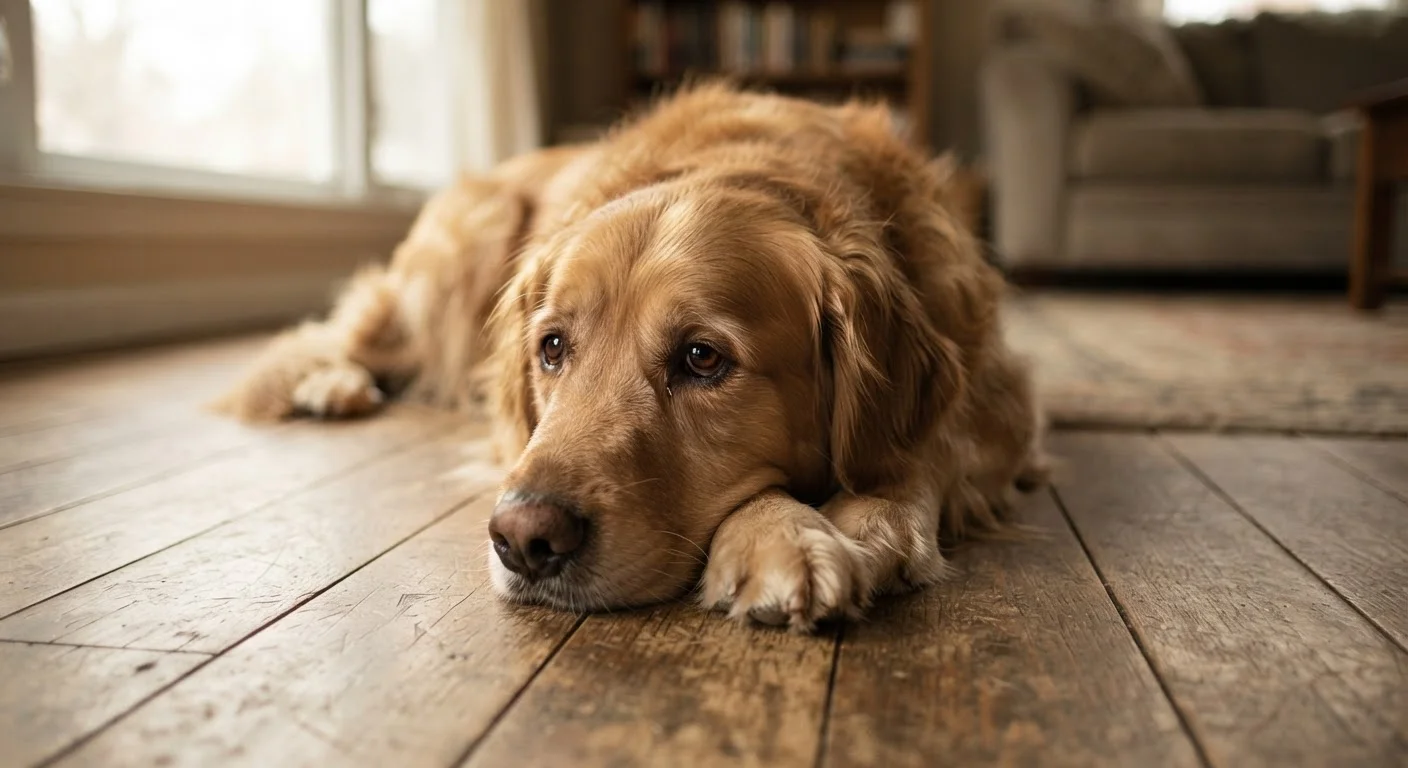 A golden retriever lying still on a floor with a subdued, tired expression suggesting discomfort.