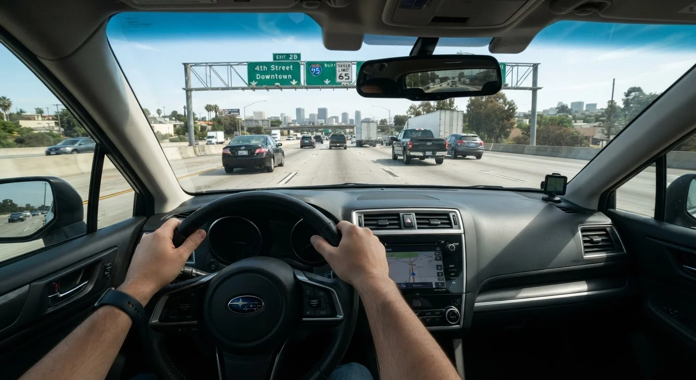 Driver's perspective from inside a car looking out at a busy multi-lane highway ahead