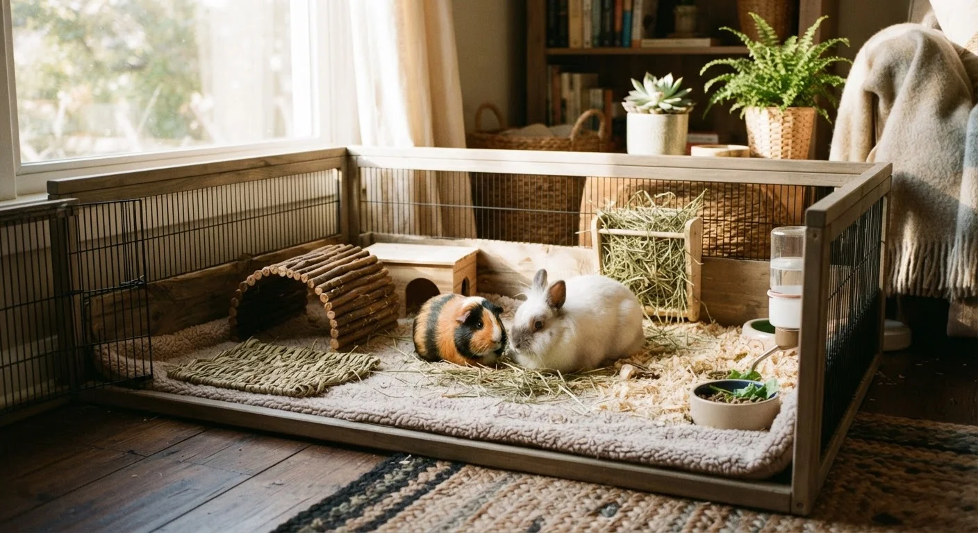 A guinea pig and rabbit in a well-kept indoor habitat with natural light and wooden toys