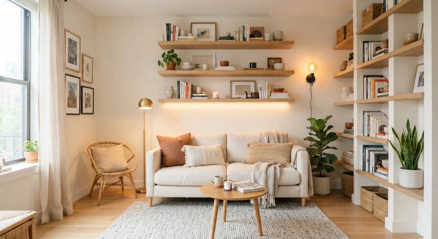 Small living room with vertical shelves, warm lighting, and neutral walls creating an open feel