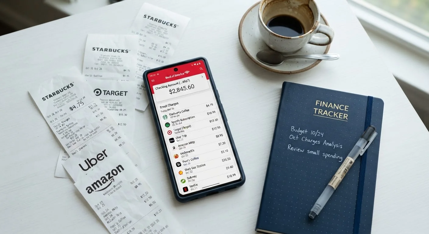 Smartphone displaying recurring charges on a banking app surrounded by receipts and a notebook