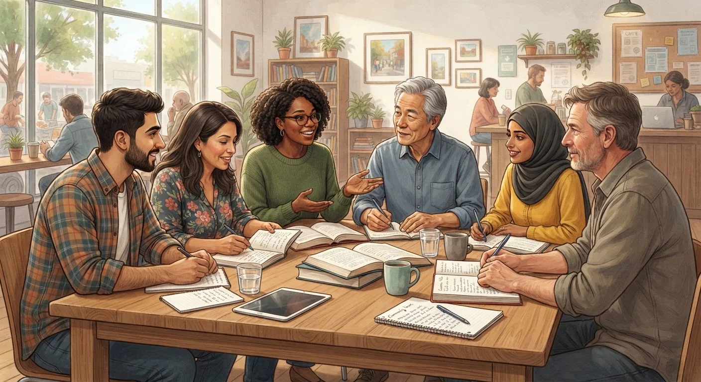 A diverse group of adults collaborating and discussing learning materials at a community table