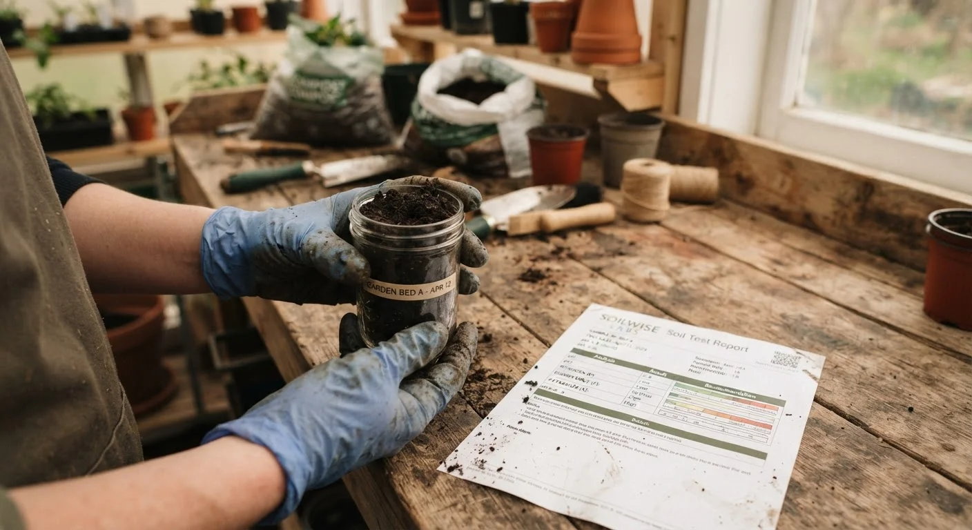 Gloved hands holding soil sample jar beside a printed soil test report on a garden bench
