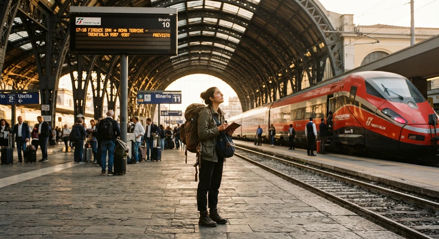 Solo American traveler with backpack studying a departure board at a European train station