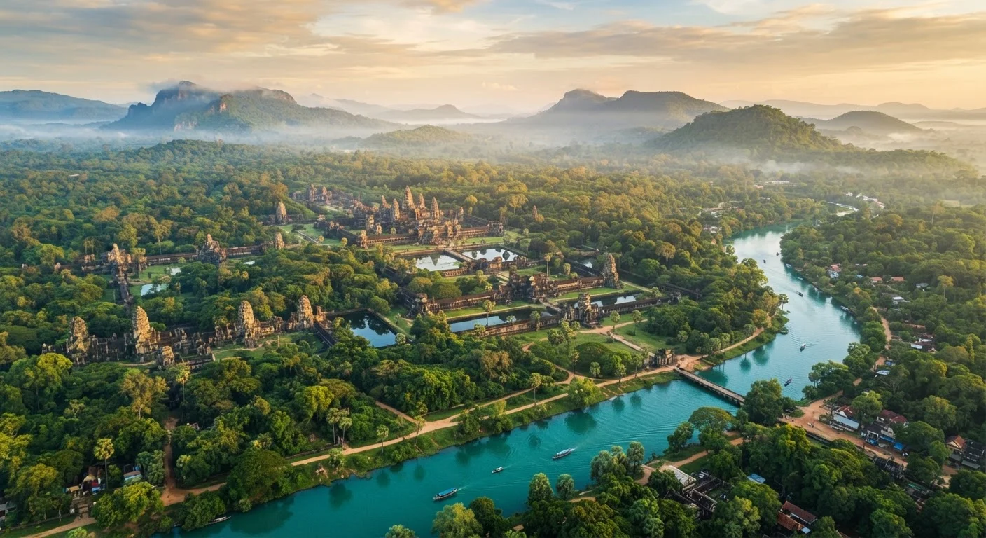 Aerial view of Southeast Asian jungle temples and turquoise river at golden sunrise