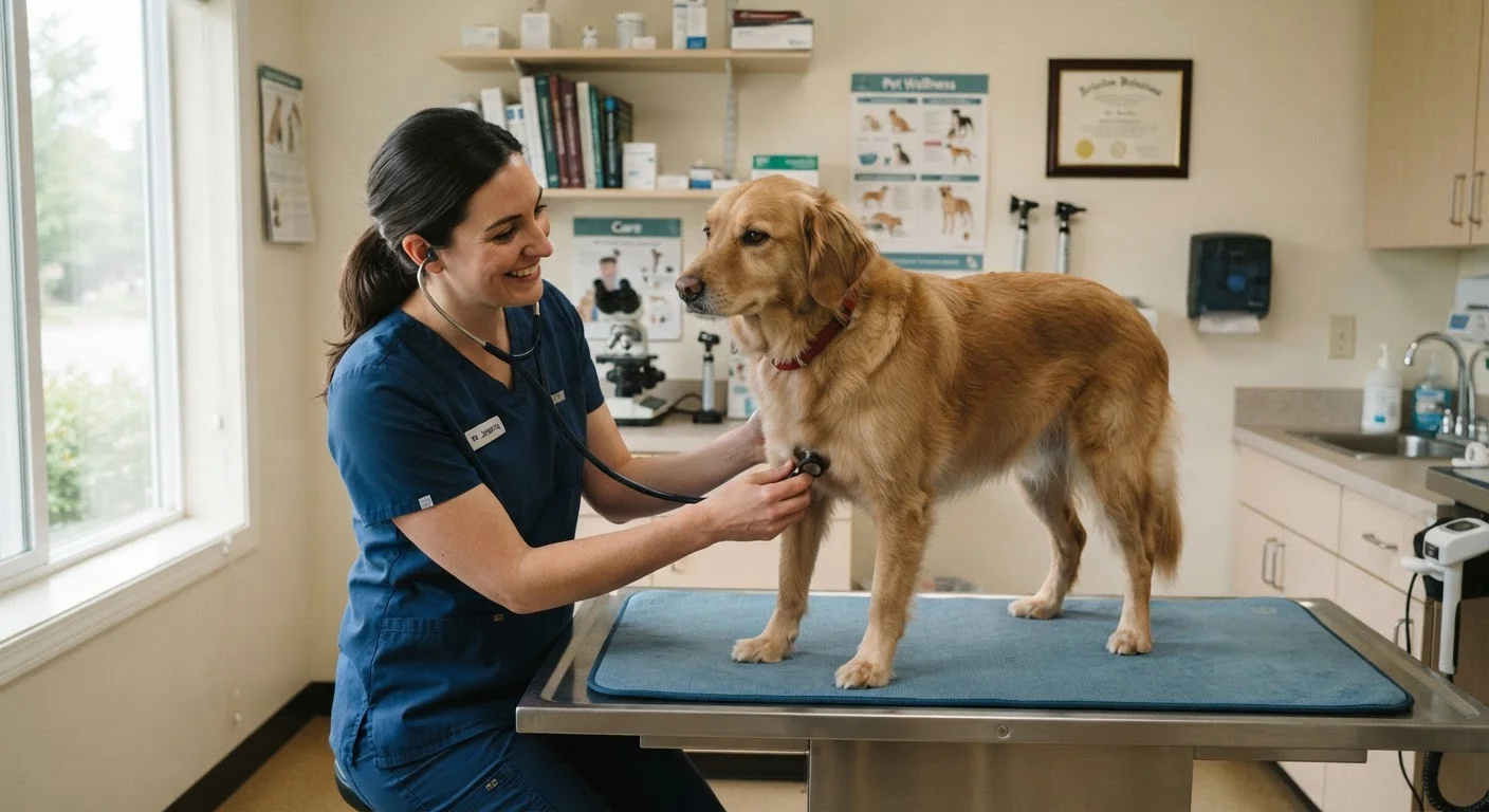 A veterinarian carefully examining a dog on a clinic examination table in a warm, professional setting.