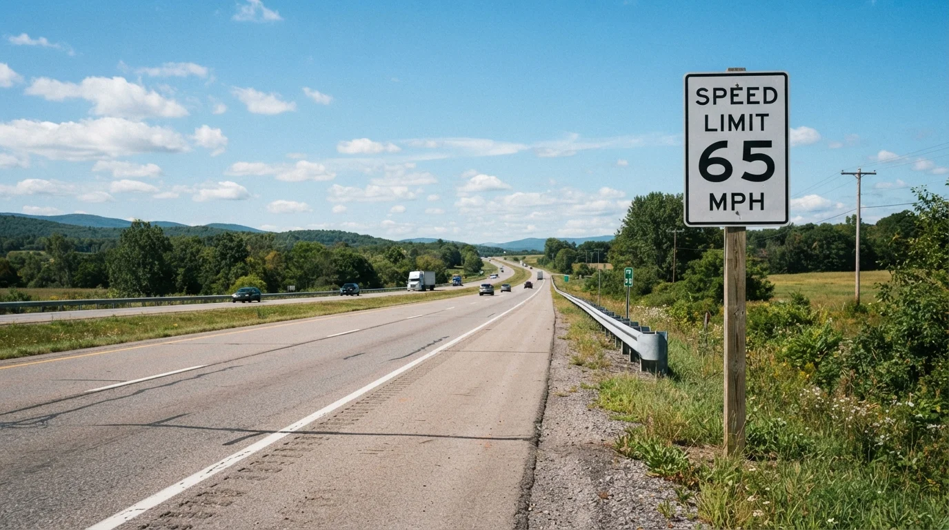 A 65 mph speed limit sign on an American highway roadside with light traffic
