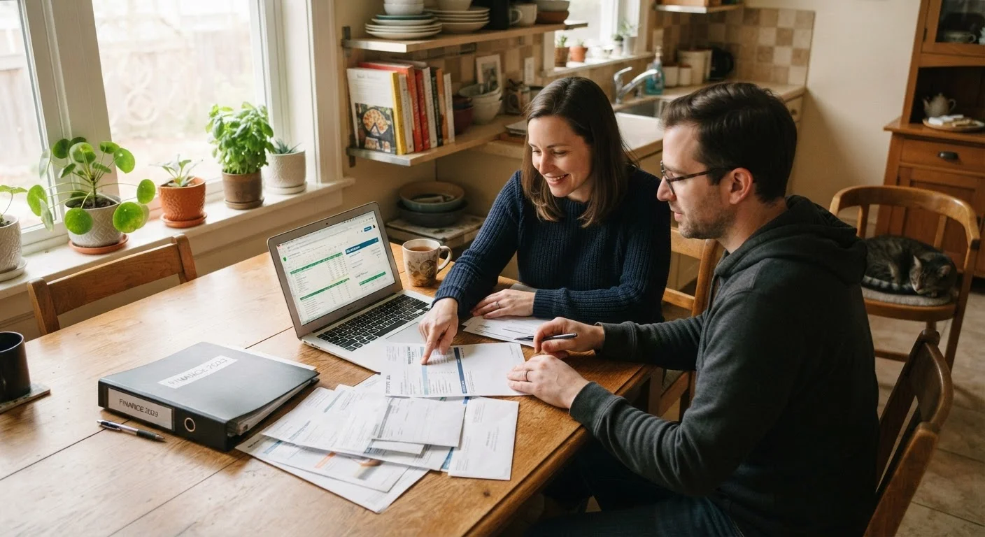 A couple reviewing household bills together at a kitchen table with a laptop open