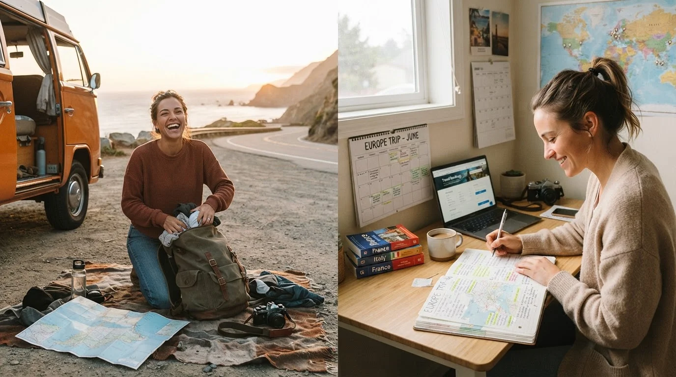 Two travelers side by side — one packing spontaneously, one planning carefully at a desk with a calendar