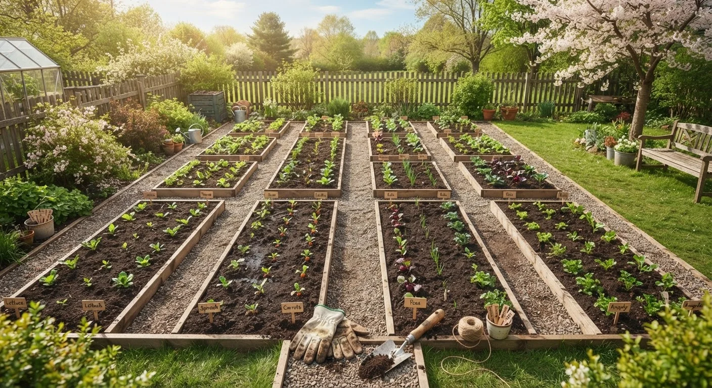Freshly prepared vegetable garden bed with seedlings, garden tools, and rich dark soil