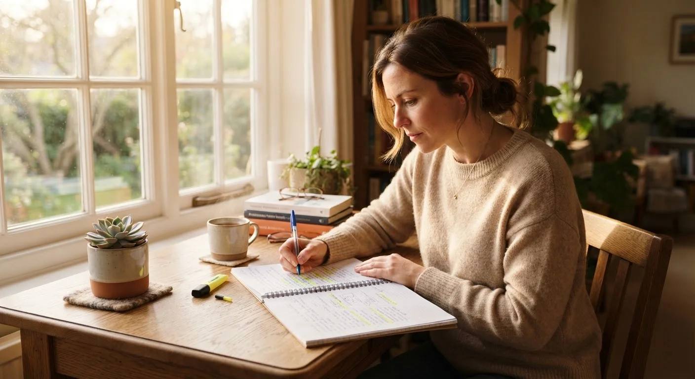An adult studying at a well-organized desk with notebook and warm morning light