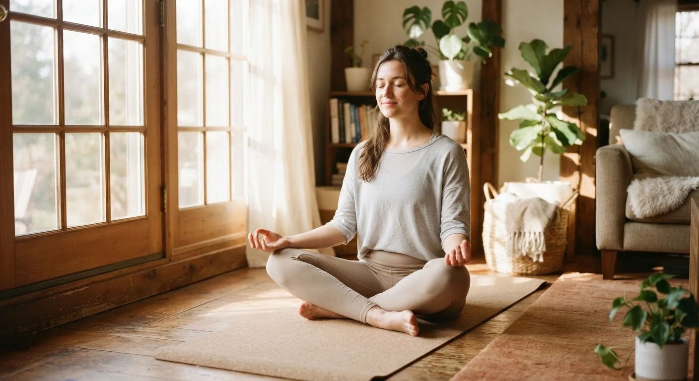 Person sitting in a relaxed meditative posture near a sunlit window, practicing stress relief techniques.