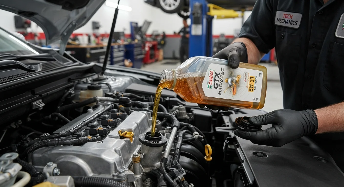 Gloved hand holding a bottle of motor oil next to an open car engine bay