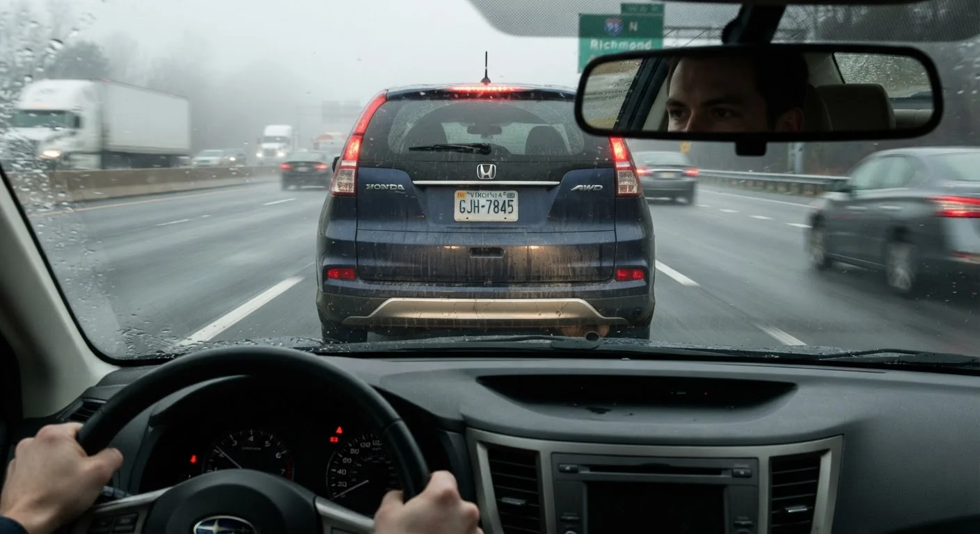 Driver's perspective inside a car following another vehicle at dangerously close distance on a highway
