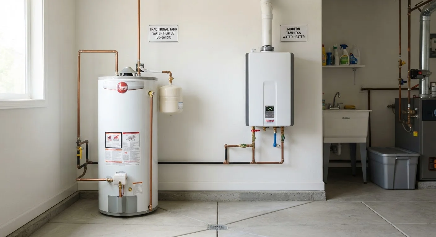 A tankless water heater mounted on a wall beside a traditional tank-style water heater in a utility room