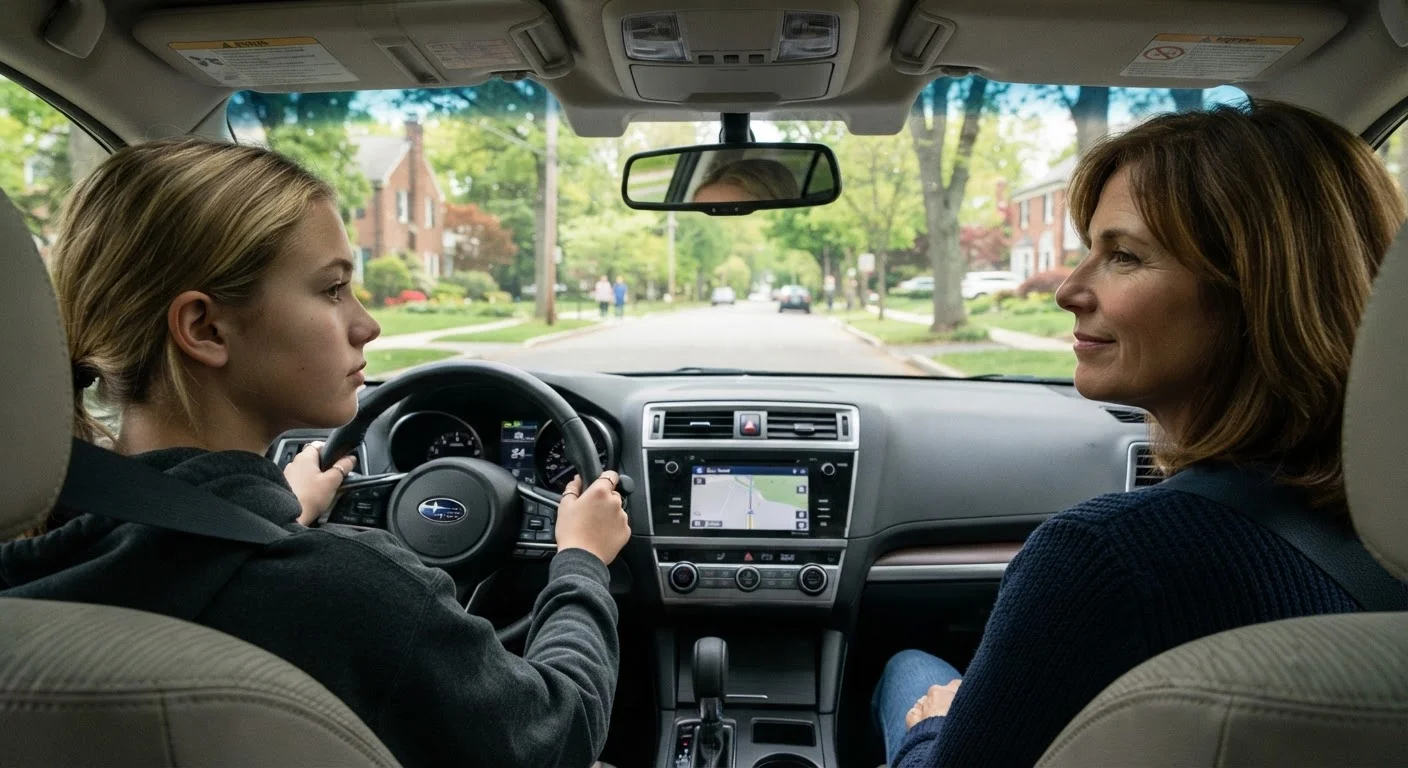 A teenage driver practicing behind the wheel with a parent supervising in the passenger seat