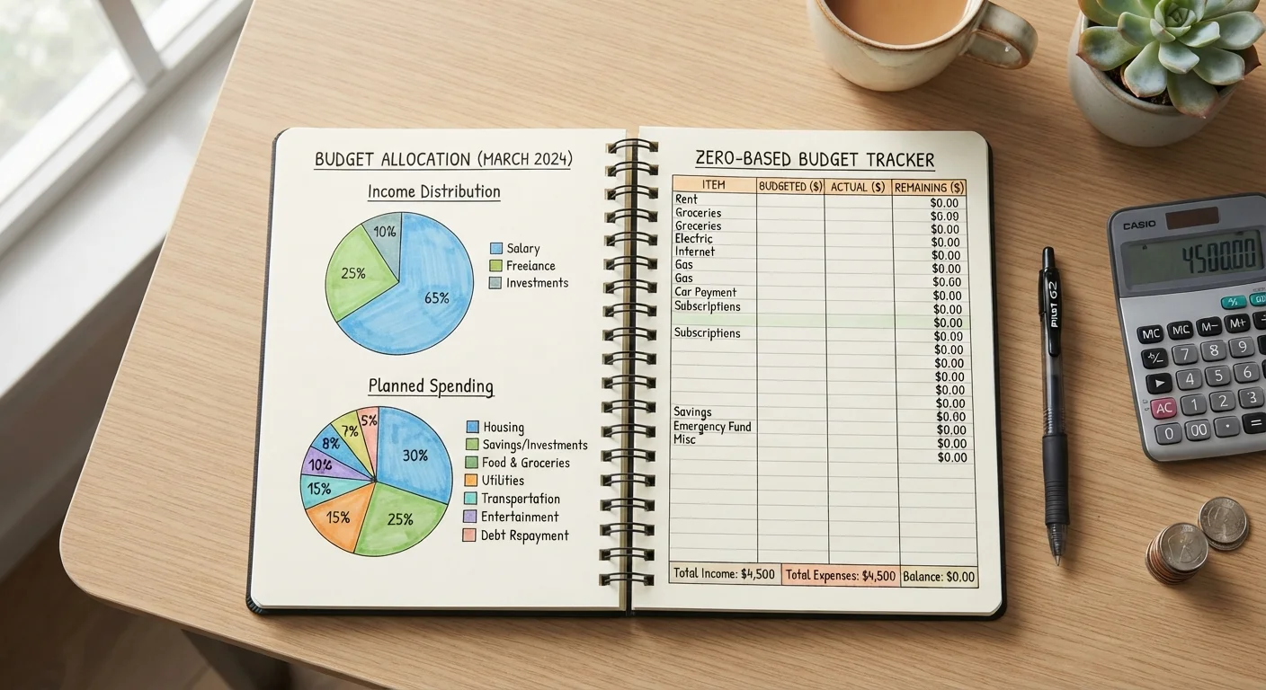 A budgeting notebook split between percentage-based and zero-based budget layouts on a desk.