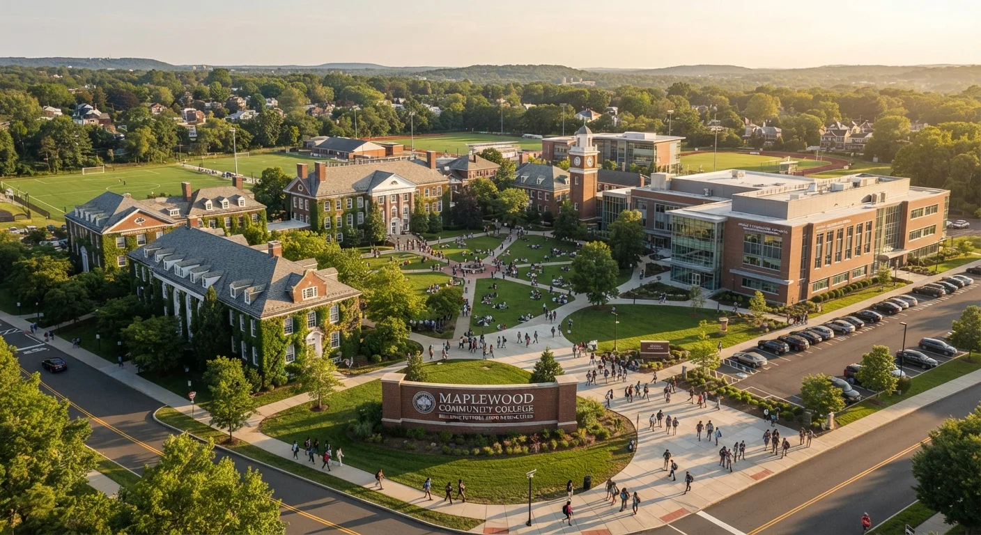 Aerial view of a diverse American college campus with multiple building types and green spaces