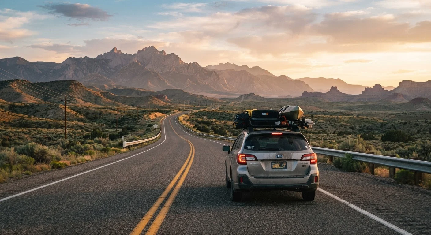 A car on an open American highway heading toward mountains at golden hour