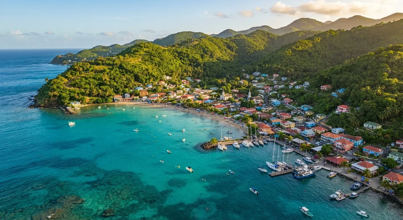 Aerial view of a turquoise Caribbean bay surrounded by lush green hills and colorful village buildings