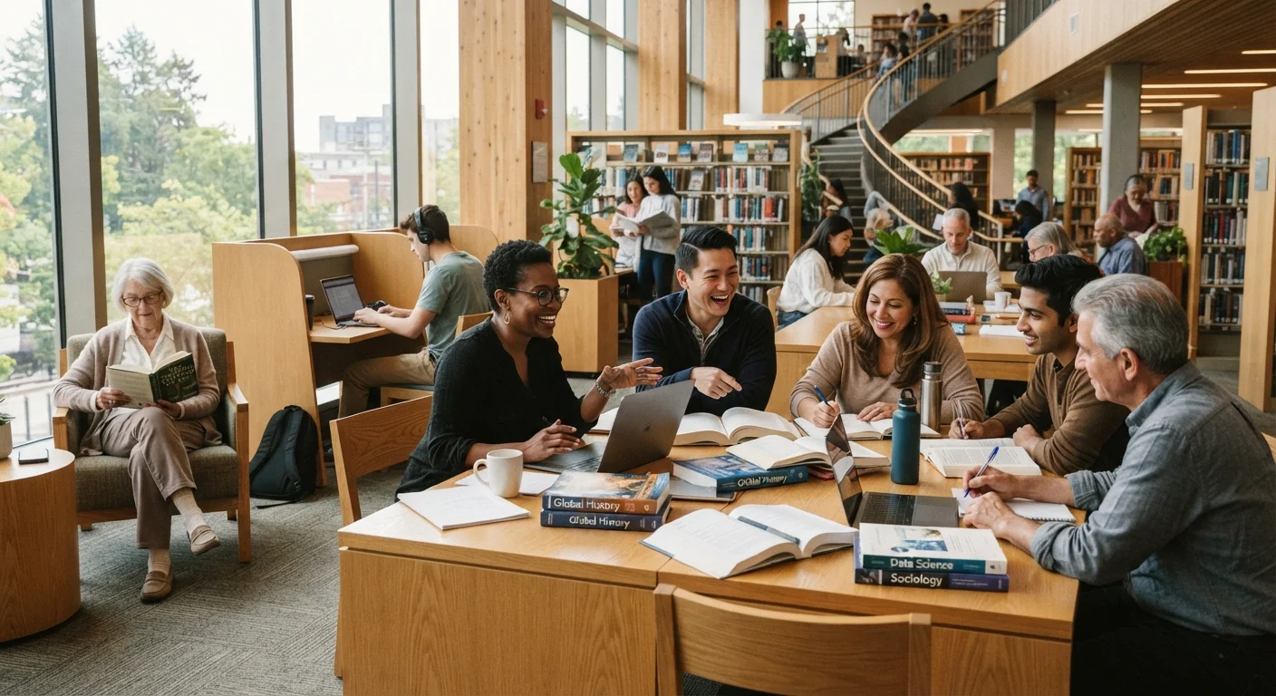 Diverse adults of different ages reading and learning together in a modern library