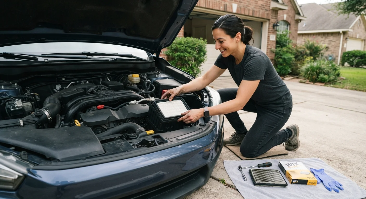 A person performing a routine DIY car maintenance task in a residential driveway with tools.