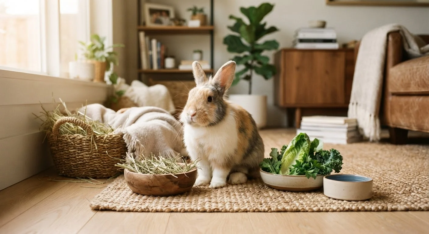 A domestic rabbit resting near fresh hay and leafy greens in a clean home habitat